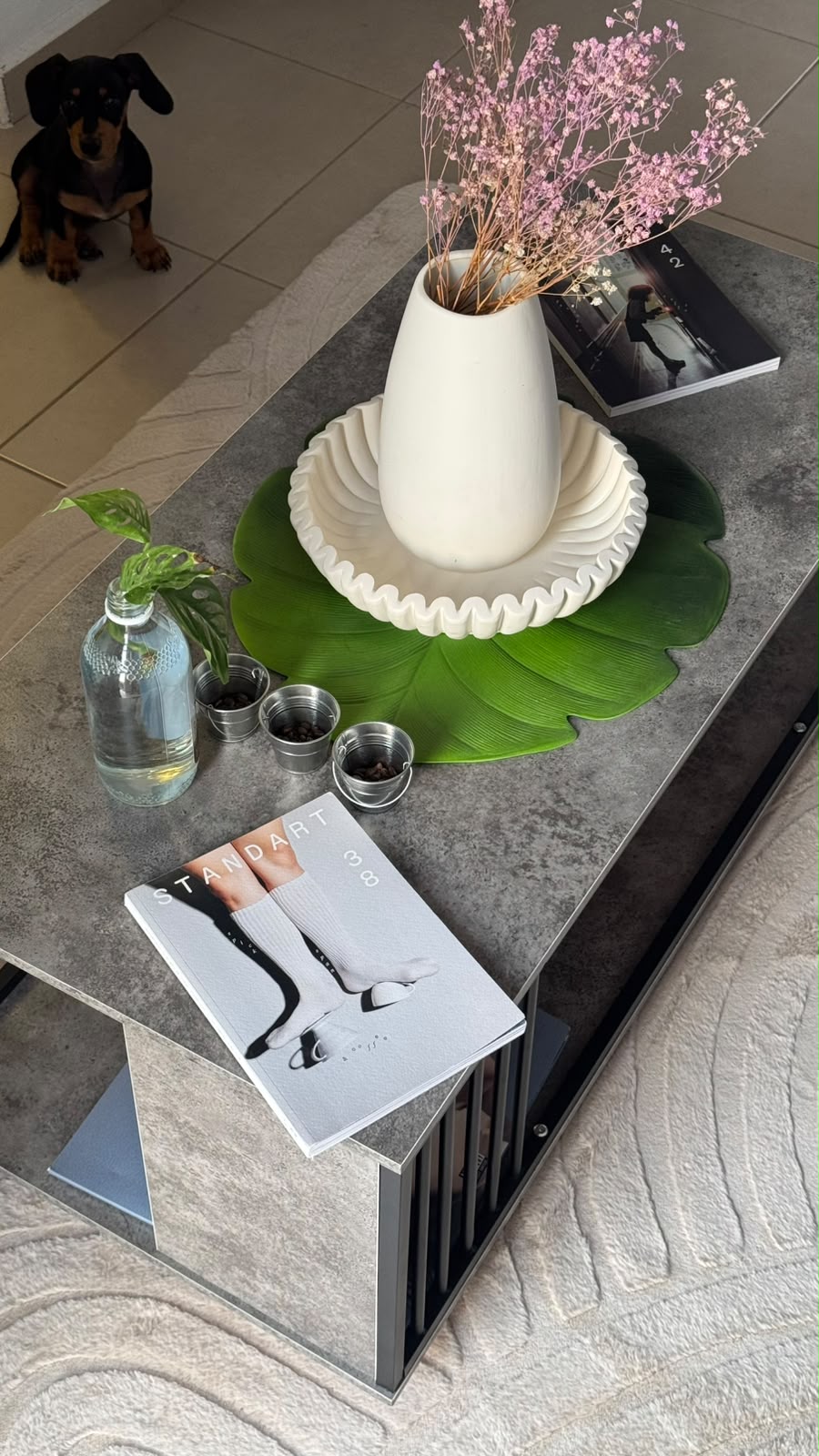 Mesa con flores, revistas y muestras de café en casa